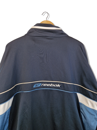 Vintage Reebok Sportjacke Gesticktes Spellout auf dem Rücken Dunkelblau Navy XXL