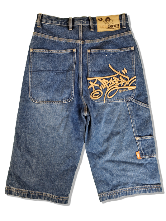 Tribal Denim Jeansshorts Baggy Y2K Back Pocket Stitching Dunkelblau 28