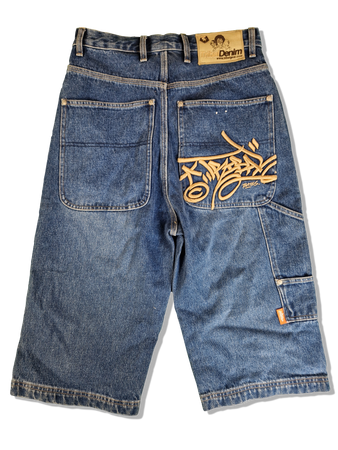 Tribal Denim Jeansshorts Baggy Y2K Back Pocket Stitching Dunkelblau 28