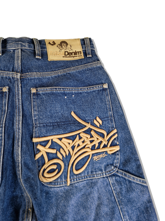 Tribal Denim Jeansshorts Baggy Y2K Back Pocket Stitching Dunkelblau 28