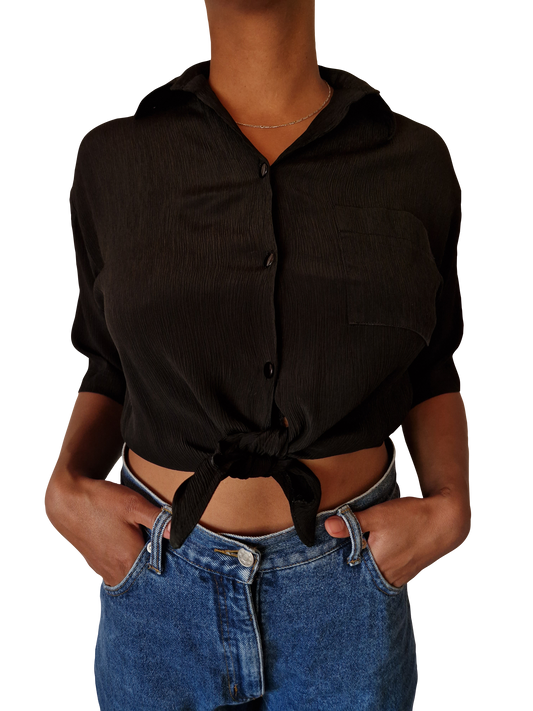 Vintage Bluse 80s Cropped Seersucker Ähnlich Made In France Schwarz M-L