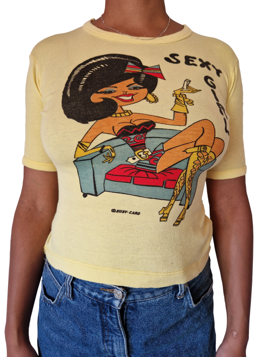 Vintage Shirt 80s Sexy Girl Bedruckt Gelb (36/38) S-M