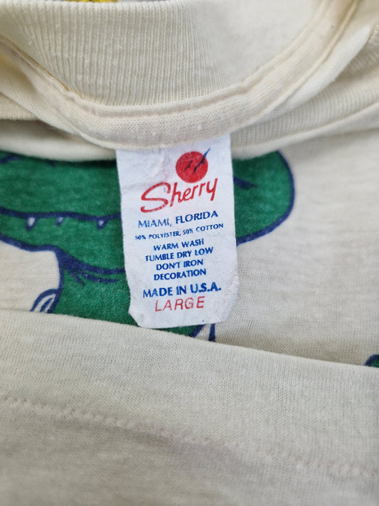 Vintage Sherry Shirt 80s "Venice Florida" Krokodil Single Stitch Made In USA Creme Weiß M-L