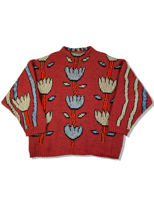 Vintage Oxbow Strickpulli 80s Blumen Muster Mit Lamm & Alpaca Heavy Knit Made In France Rot L