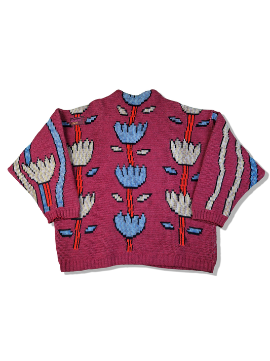 Vintage Oxbow Strickpulli 80s Blumen Muster Mit Lamm & Alpaca Heavy Knit Made In France Rot L