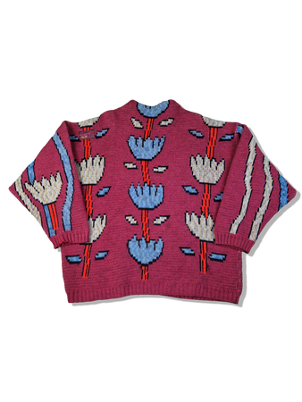 Vintage Oxbow Strickpulli 80s Blumen Muster Mit Lamm & Alpaca Heavy Knit Made In France Rot L