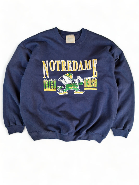 Vintage Premium Sweater Notre Dame Leprechaun Print 50/50 Made In USA Dunkelblau L