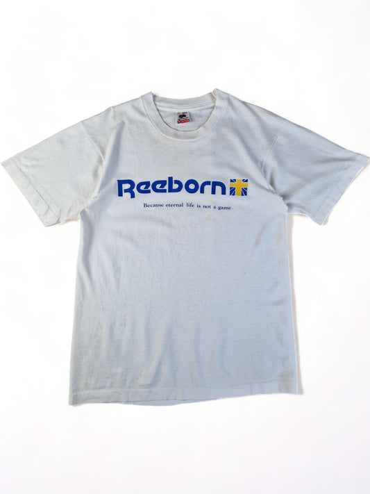 Vintage Fruit Of The Loom Shirt Reebok Bootleg "Reeborn, bc eternal life is not a game" Made In USA Single Stitch M