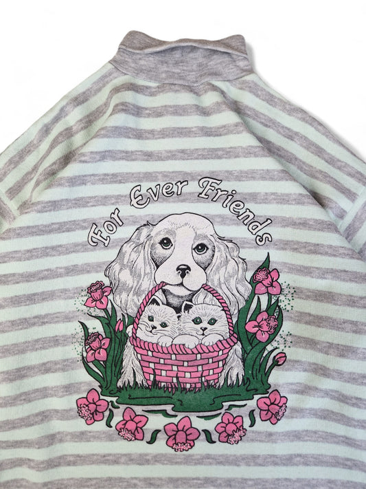 Vintage Rollkragen 80s Cats&Dogs Print "Forever Friends" Gestreift Grau Hellgrün L-XL