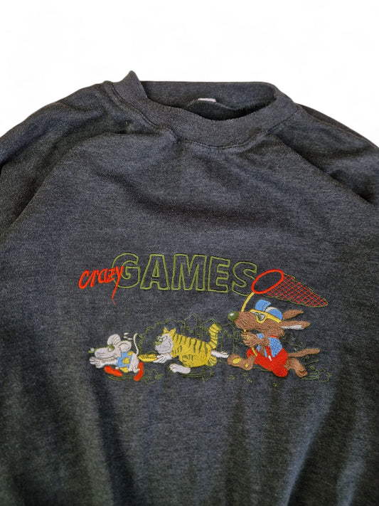 Vintage Sweater "Crazy Games" Stickerei Dunkelgrau M-L