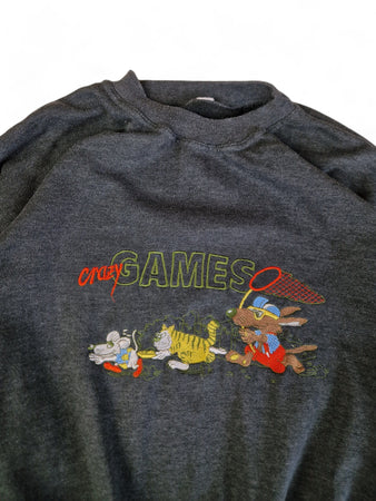 Vintage Sweater "Crazy Games" Stickerei Dunkelgrau M-L