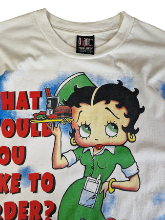 Vintage Giant Shirt Betty Boop Diner "What would you like to order" Single Stitch Made In USA Weiß XL