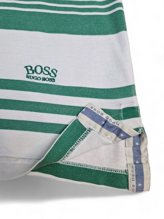 Vintage Hugo Boss Shirt "Ambassador" Mit Brusttasche Made In Italy Gestreift Weiß Grün L-XL