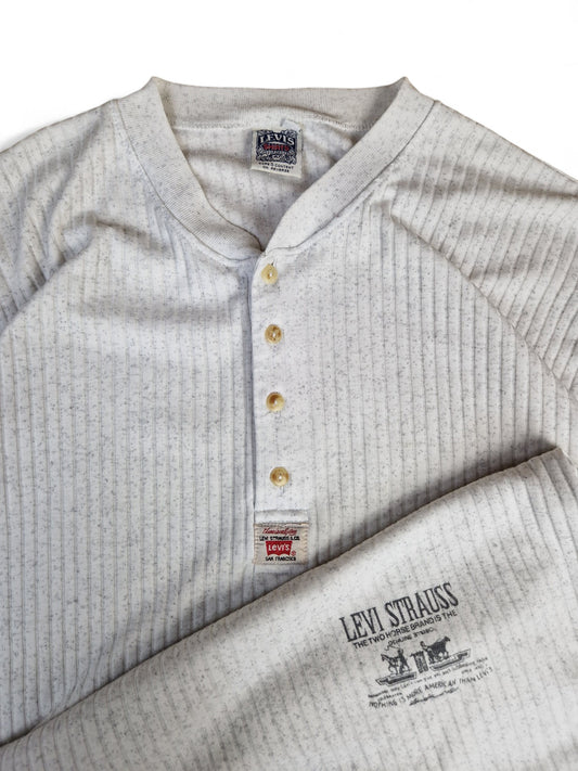 Vintage Levis Shirt Serafino Rippenstruktur Kurze Knopfleiste Mittelgrau Melange XXL