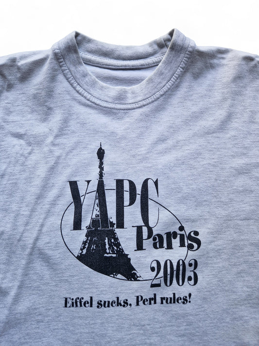 Pearl Conference Shirt YAPC Paris 2003 "Eiffel sucks, Perl rules!" Grau M-L