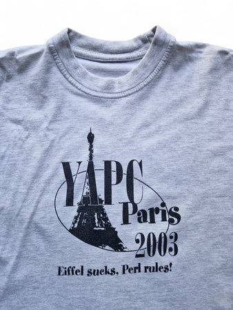 Pearl Conference Shirt YAPC Paris 2003 "Eiffel sucks, Perl rules!" Grau M-L