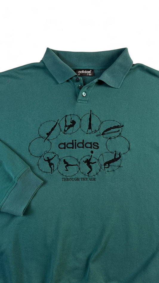 Vintage Adidas Sweater Mit Polokragen 90s "Through the age" Stickerei Dunkelgrün (D6) L