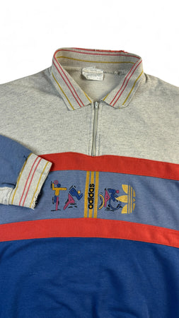 Vintage Adidas Sweater Mit Polokragen 90s Sports Stickerei Grau Blau M