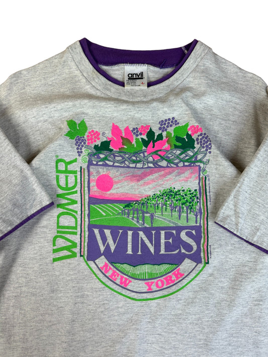 Vintage Anvil Shirt 1992 "Widmer Wines New York" Double Sleeve Single Stitch Made In USA Grau L