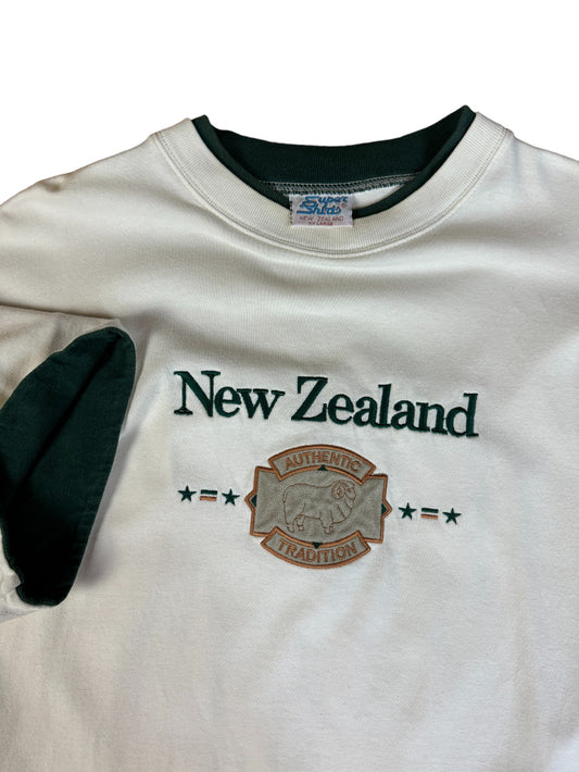 Vintage New Zealand Shirt Bestickt Double Sleeve Made In New Zealand Weiß/Creme XXL