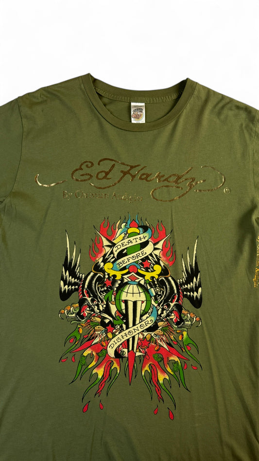 Ed Hardy Shirt 00s "Death before dishonor" Dunkelgrün M