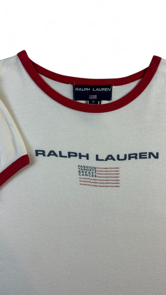 Vintage Polo Sport Ralph Lauren Ringer T-Shirt 1996 "Fashion Targets Breast Cancer" Made In USA Weiß S