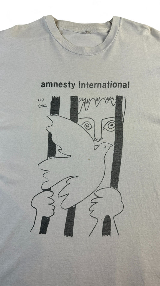 Vintage Amnesty International T-Shirt 80s Picasso Motiv Grau Single Stitch XL-XXL