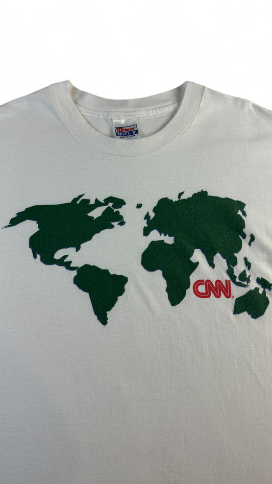 Vintage Hanes T-Shirt 90s Weltkarte CNN Made in USA Single Stitch Weiß XL