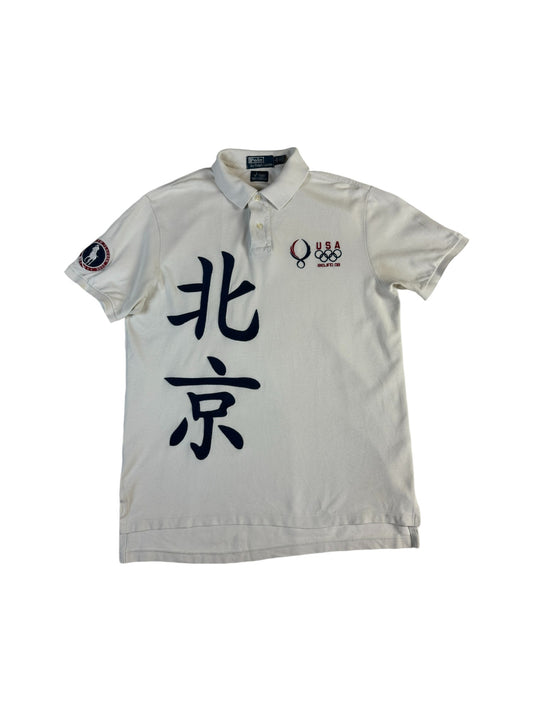 Ralph Lauren Polo Shirt Custom Fit 2008 Beijing Olympic USA Weiß L