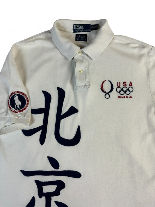 Ralph Lauren Polo Shirt Custom Fit 2008 Beijing Olympic USA Weiß L