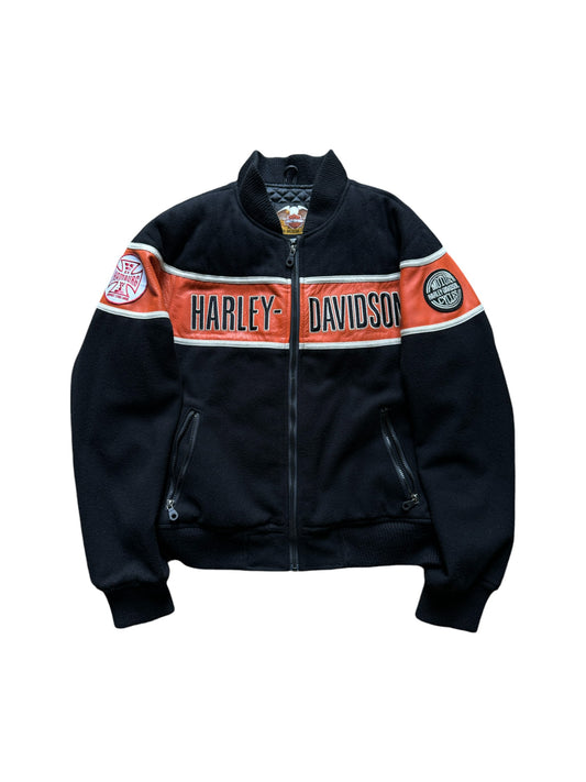 Vintage Harley Davidson Bomberjacke "Red White Hamburg" Merino Made In USA Schwarz Orange M