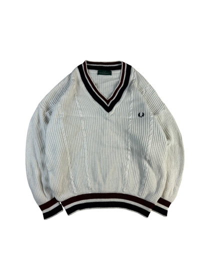 Vintage Fred Perry Strickpullover 90s V-Ausschnitt Tennis Look Made In England Weiß L