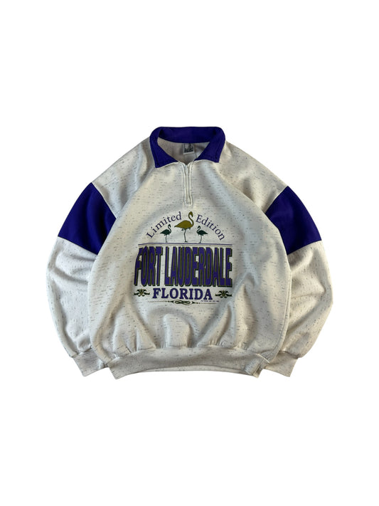 Vintage Bay Bridge Sweater 1992 "Fort Lauderdale, Florida" 1/4 Zip Made In USA Weiß Blau XL