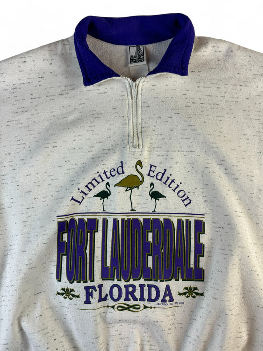 Vintage Bay Bridge Sweater 1992 "Fort Lauderdale, Florida" 1/4 Zip Made In USA Weiß Blau XL