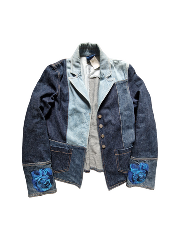 Vintage Kenzo Damen Jeansjacke Patchwork Flowers Blau 40