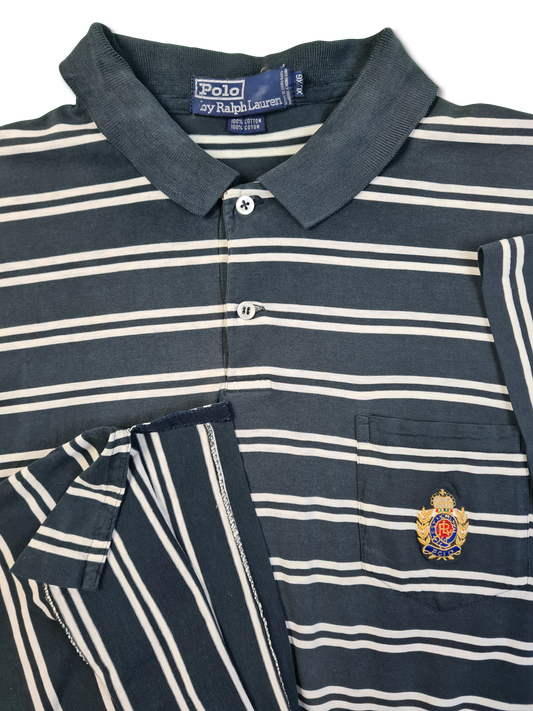 Vintage Ralph Lauren Polo-Shirt Crest Logo Made In Hong Kong Gestreift Schwarz Weiß XL