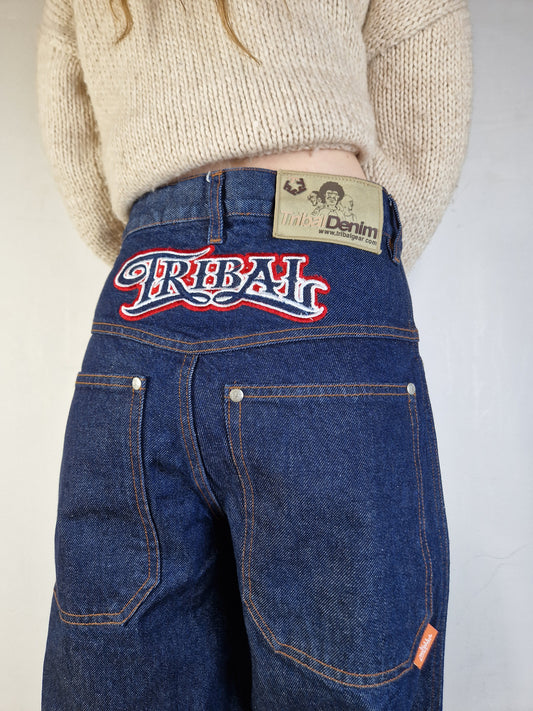 Y2K Tribal Denim Jeans Deadstock Baggy Backstitching XS-M