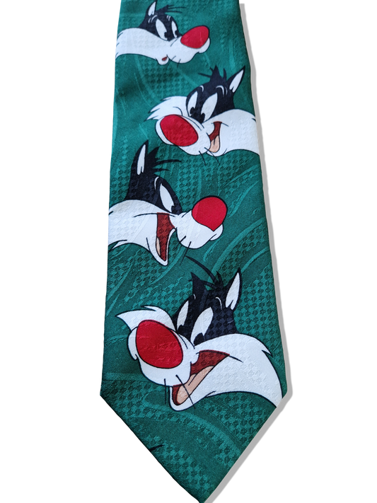 Vintage Looney Tunes Krawatte 1993 Warner Bros Sylvester The Cat Grün