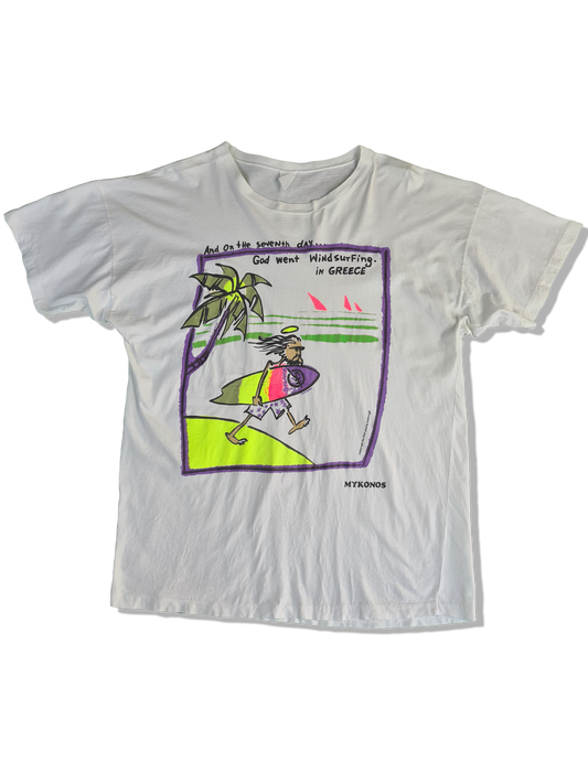 Vintage 4x4 Young Clothing Shirt Tourist Surfing Mykonos Greece Single Stitched Weiß M-L