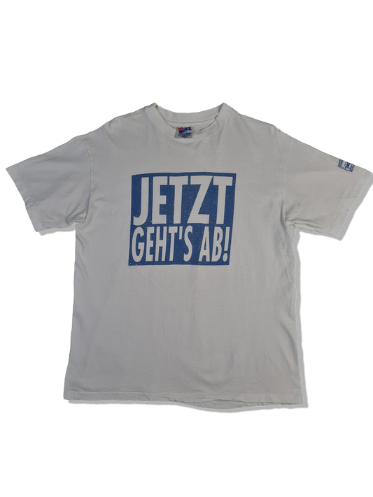 Vintage Hanes Shirt "Jetzt geht's ab!" Made In USA Single Stitched Promo Weiß L