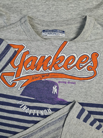 Vintage Kronos Shirt 80s NY Yankees Made In Italy Gestreift Grau Blau L-XL