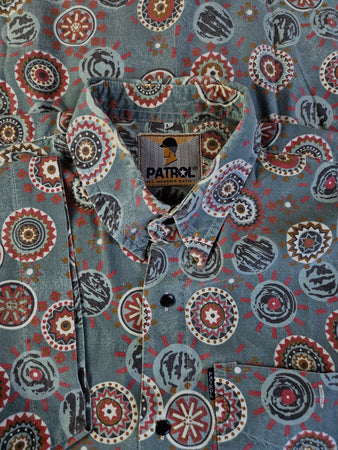 Vintage Patrol Hemd Kurzarm Circle Pattern Grau Rot L