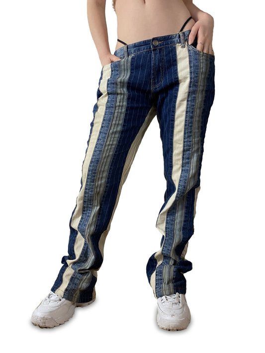 Y2K Jun Qi Jeans Nine.Seven.Jeans Patchwork Style Blau Braun S-M